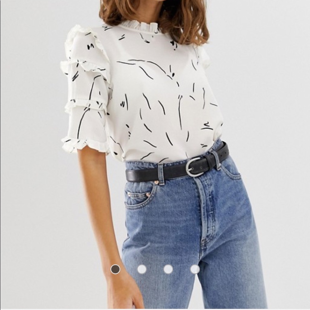 Abstract Printed Micro Ruffle Sleeve Blouse